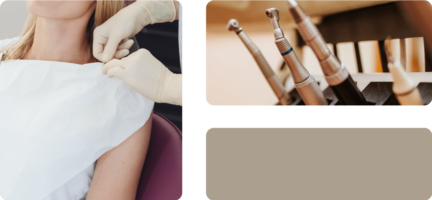 three images of a dental patient, dental tools, and a grayed out tile