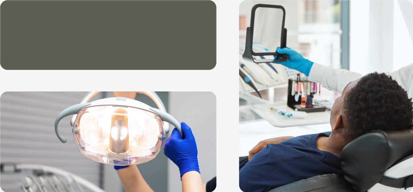 3 images of a dental light, dental patient, and a green tile